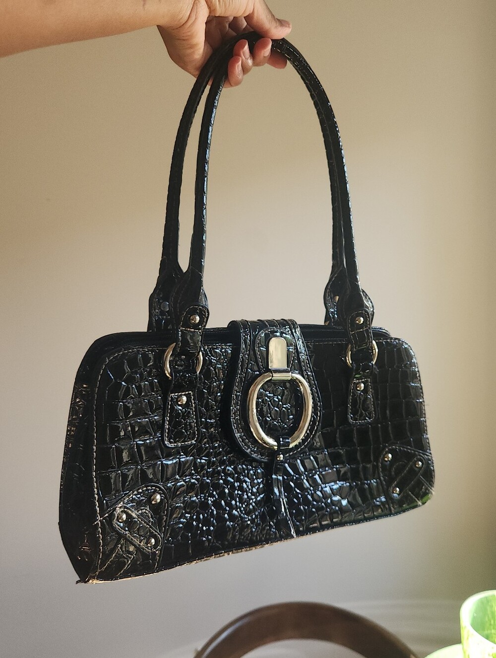 Vintage Black Croc Embossed Vinyl Satchel Handbag Silver Hardware Top Handle Pur